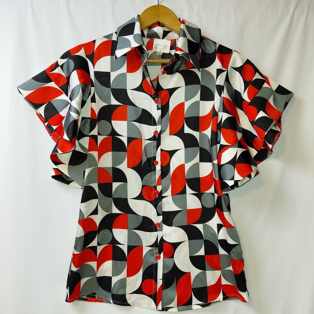 ANONYME Kim Tulip Sleeve Blouse Women's Size XS Geometric Bold Colorful